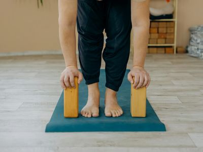 Yoga equipment on the floor.